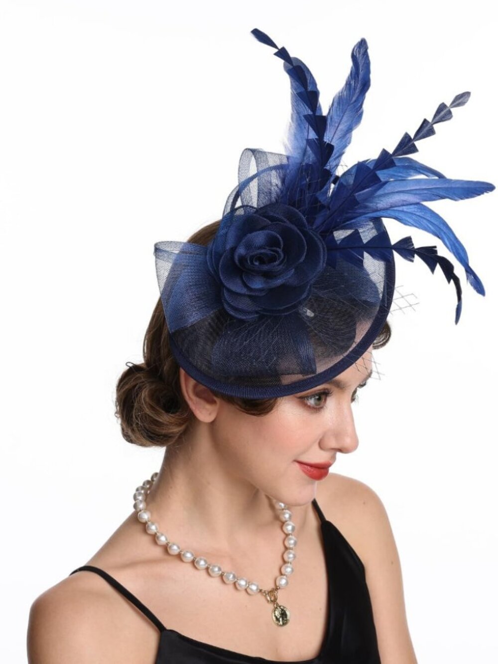 Women Fascinator Hair Clip Feather Flower Wedding Party Hat Navy